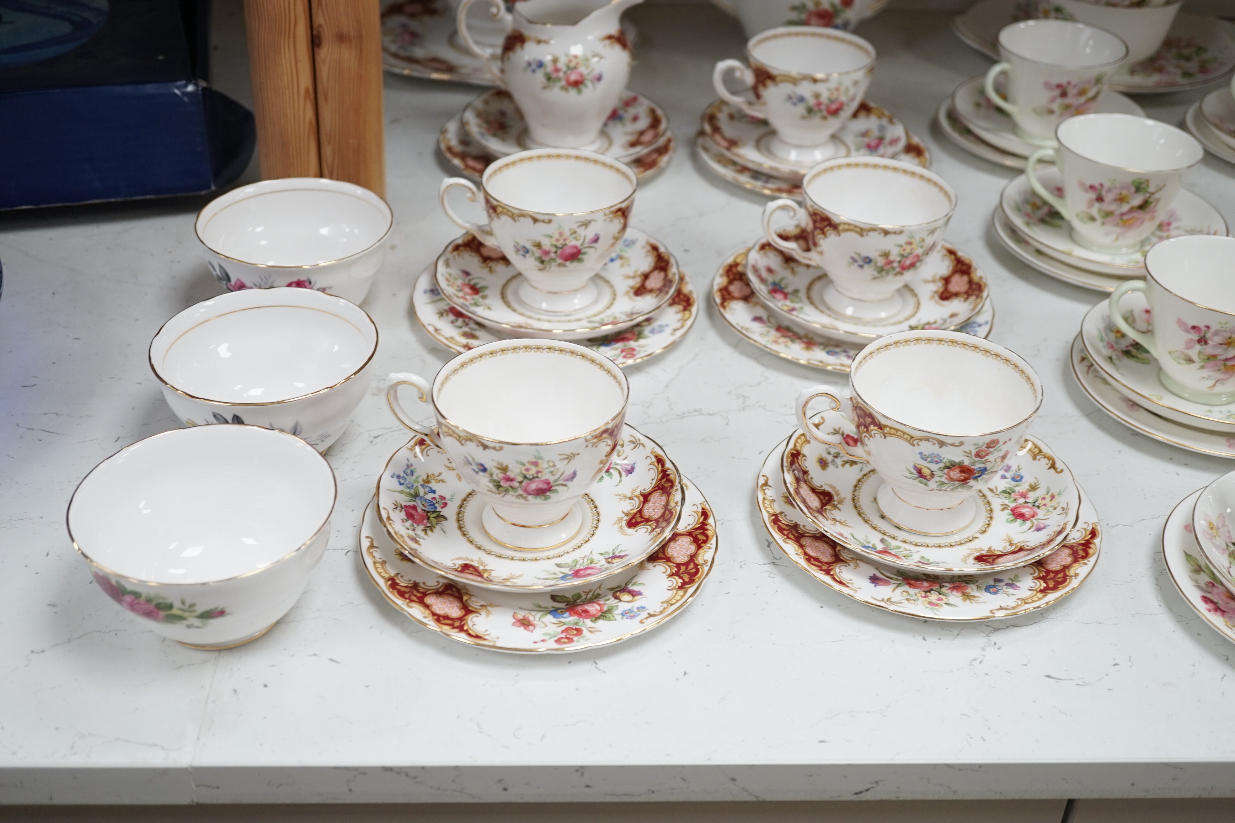 Four sets and part sets of bone china tableware, to include Royal Doulton Apple Blossom H4899, Royal Albert Old Country Roses, Paragon Athena, Tuscan Windsor, and Royal Vale D669. Approx 84 pieces